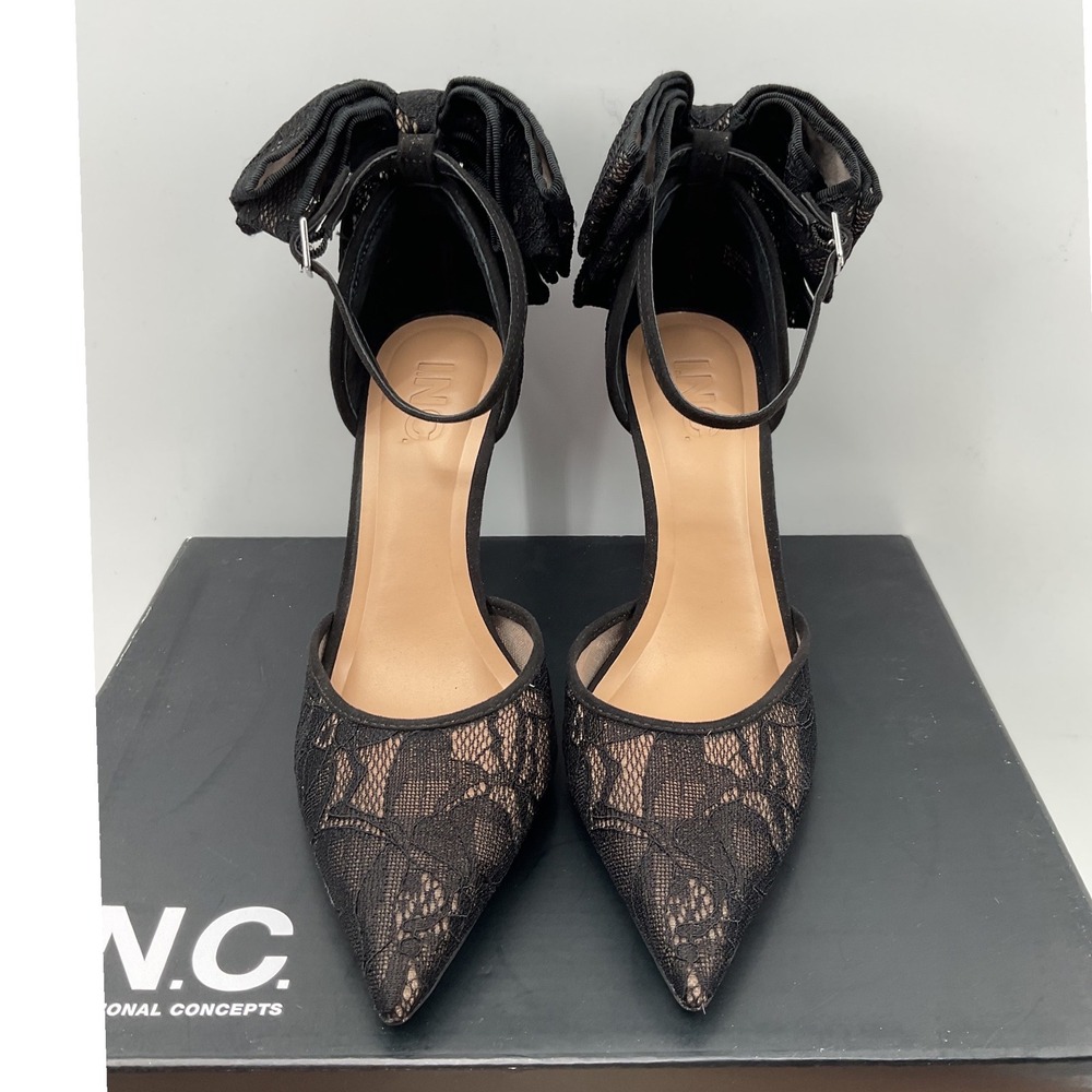 INC International Concepts Samira black Lace Bow Ankle Strap Pointed Toe Pumps